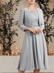 A-Line Mother of the Bride Dress Elegant Wrap Included Jewel Neck Tea Length Chiffon Sleeveless with Crystal Brooch Side-Draped - RongMoon