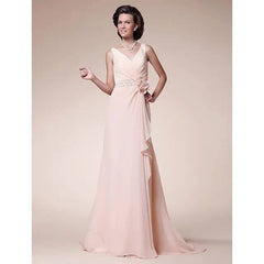 A-Line Mother of the Bride Dress Floral V Neck Sweep / Brush Train Chiffon Sleeveless with Criss Cross Beading Ruffles - RongMoon