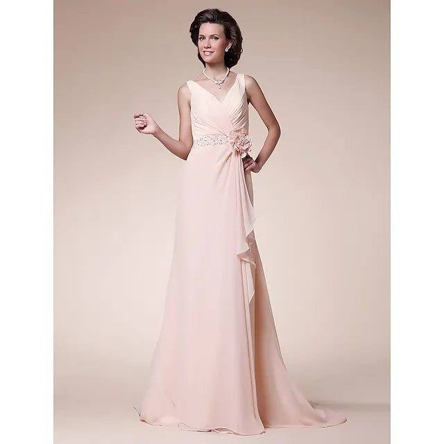 A-Line Mother of the Bride Dress Floral V Neck Sweep / Brush Train Chiffon Sleeveless with Criss Cross Beading Ruffles - RongMoon