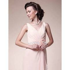 A-Line Mother of the Bride Dress Floral V Neck Sweep / Brush Train Chiffon Sleeveless with Criss Cross Beading Ruffles - RongMoon