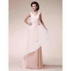 A-Line Mother of the Bride Dress Floral V Neck Sweep / Brush Train Chiffon Sleeveless with Criss Cross Beading Ruffles - RongMoon