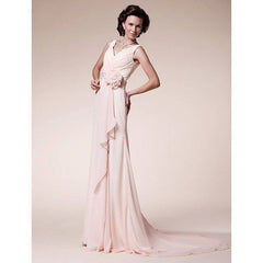 A-Line Mother of the Bride Dress Floral V Neck Sweep / Brush Train Chiffon Sleeveless with Criss Cross Beading Ruffles - RongMoon