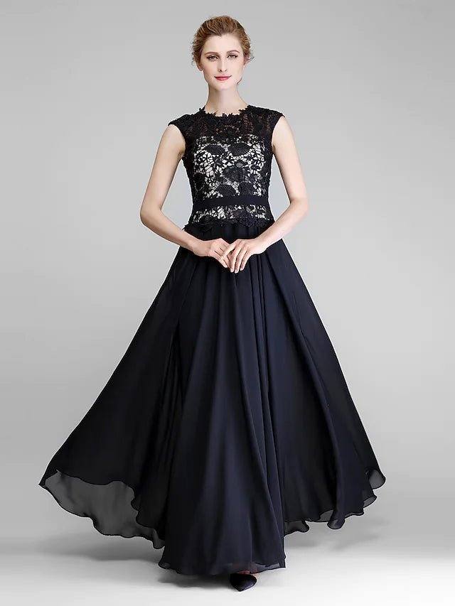 A-Line Mother of the Bride Dress Jewel Neck Floor Length Chiffon Lace Sleeveless with Lace - RongMoon