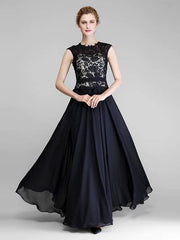 A-Line Mother of the Bride Dress Jewel Neck Floor Length Chiffon Lace Sleeveless with Lace - RongMoon