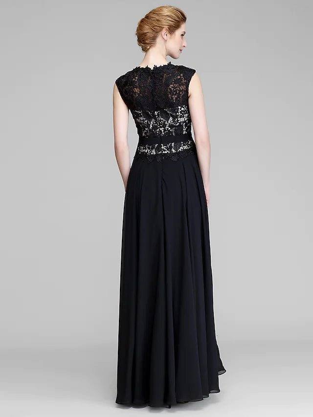 A-Line Mother of the Bride Dress Jewel Neck Floor Length Chiffon Lace Sleeveless with Lace - RongMoon
