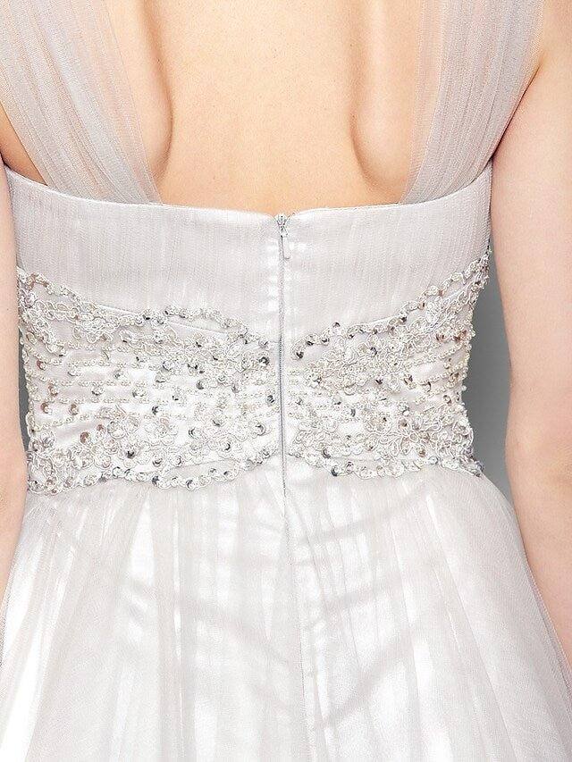 A-Line Mother of the Bride Dress Open Back V Neck Floor Length Tulle Sleeveless with Criss Cross Beading Appliques - RongMoon