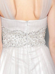 A-Line Mother of the Bride Dress Open Back V Neck Floor Length Tulle Sleeveless with Criss Cross Beading Appliques - RongMoon