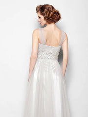 A-Line Mother of the Bride Dress Open Back V Neck Floor Length Tulle Sleeveless with Criss Cross Beading Appliques - RongMoon