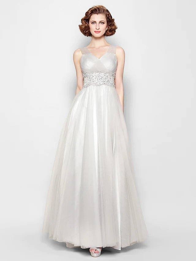 A-Line Mother of the Bride Dress Open Back V Neck Floor Length Tulle Sleeveless with Criss Cross Beading Appliques - RongMoon