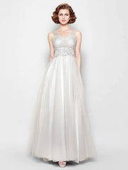 A-Line Mother of the Bride Dress Open Back V Neck Floor Length Tulle Sleeveless with Criss Cross Beading Appliques - RongMoon