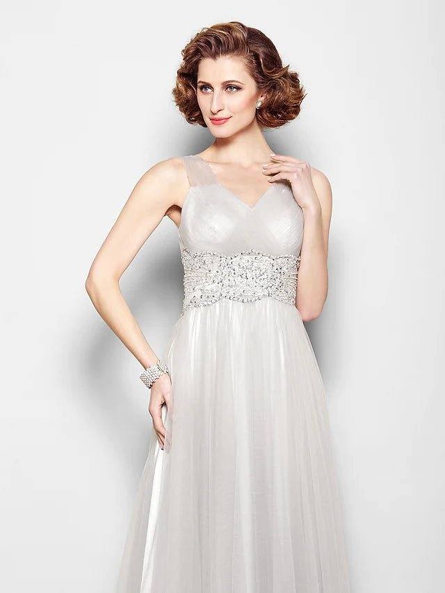 A-Line Mother of the Bride Dress Open Back V Neck Floor Length Tulle Sleeveless with Criss Cross Beading Appliques - RongMoon