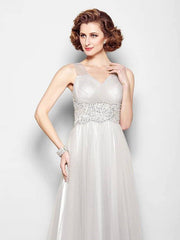 A-Line Mother of the Bride Dress Open Back V Neck Floor Length Tulle Sleeveless with Criss Cross Beading Appliques - RongMoon
