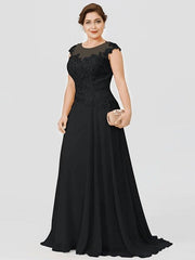 A-Line Mother of the Bride Dress Plus Size Elegant Illusion Neck Sweep / Brush Train Chiffon Beaded Lace Short Sleeve with Bow(s) Pleats - RongMoon