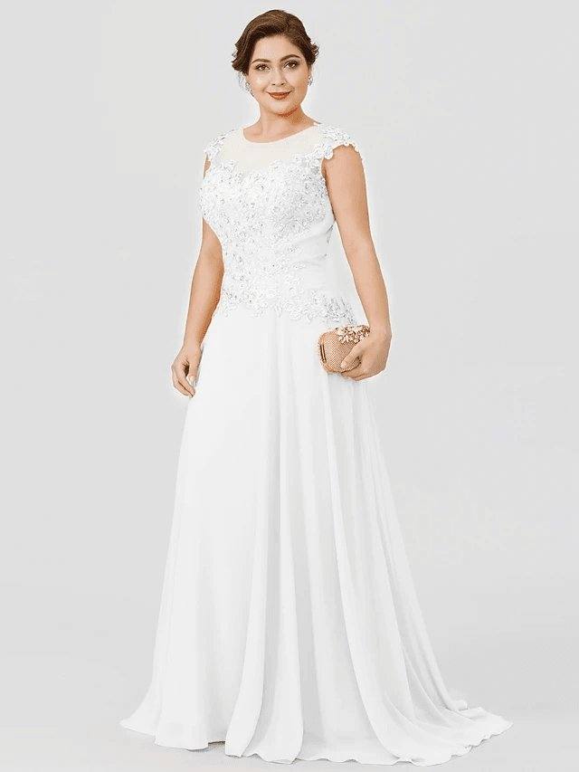 A-Line Mother of the Bride Dress Plus Size Elegant Illusion Neck Sweep / Brush Train Chiffon Beaded Lace Short Sleeve with Bow(s) Pleats - RongMoon