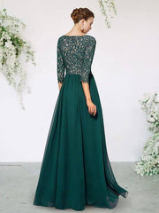 A-Line Mother of the Bride Dress Plus Size Elegant Jewel Neck Floor Length Chiffon Lace 3/4 Length Sleeve with Pleats - RongMoon