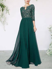 A-Line Mother of the Bride Dress Plus Size Elegant Jewel Neck Floor Length Chiffon Lace 3/4 Length Sleeve with Pleats - RongMoon
