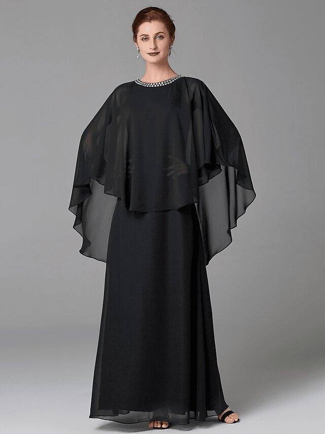 A-Line Mother of the Bride Dress Plus Size Elegant Jewel Neck Floor Length Chiffon Sleeveless with Beading - RongMoon