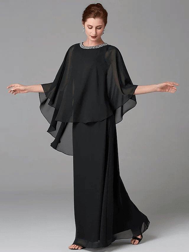A-Line Mother of the Bride Dress Plus Size Elegant Jewel Neck Floor Length Chiffon Sleeveless with Beading - RongMoon