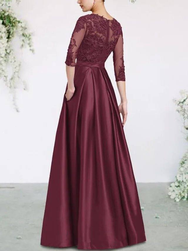 A-Line Mother of the Bride Dress Plus Size Elegant Jewel Neck Floor Length Lace Satin 3/4 Length Sleeve with Pleats Appliques - RongMoon