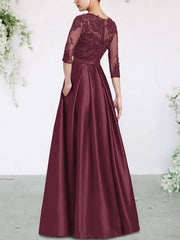A-Line Mother of the Bride Dress Plus Size Elegant Jewel Neck Floor Length Lace Satin 3/4 Length Sleeve with Pleats Appliques - RongMoon
