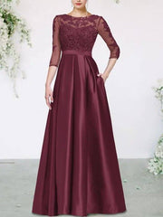 A-Line Mother of the Bride Dress Plus Size Elegant Jewel Neck Floor Length Lace Satin 3/4 Length Sleeve with Pleats Appliques - RongMoon