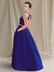 A-Line Mother of the Bride Dress Plus Size Elegant Jewel Neck Floor Length Satin Sleeveless with Sash / Ribbon - RongMoon