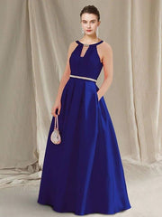 A-Line Mother of the Bride Dress Plus Size Elegant Jewel Neck Floor Length Satin Sleeveless with Sash / Ribbon - RongMoon