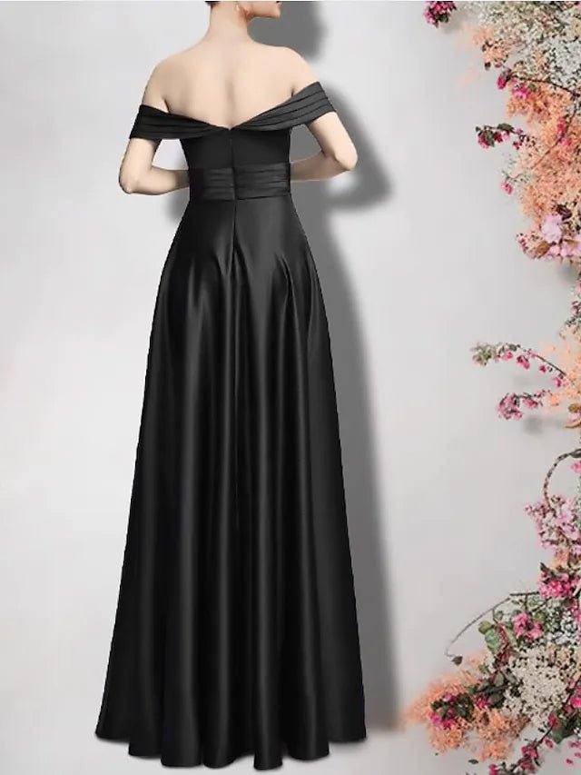 A-Line Mother of the Bride Dress Plus Size Elegant Strapless Floor Length Satin Half Sleeve with Pleats Ruched - RongMoon