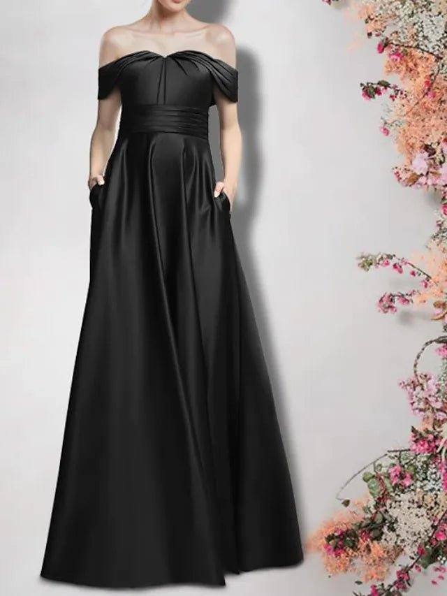 A-Line Mother of the Bride Dress Plus Size Elegant Strapless Floor Length Satin Half Sleeve with Pleats Ruched - RongMoon