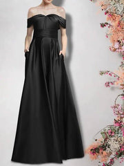 A-Line Mother of the Bride Dress Plus Size Elegant Strapless Floor Length Satin Half Sleeve with Pleats Ruched - RongMoon