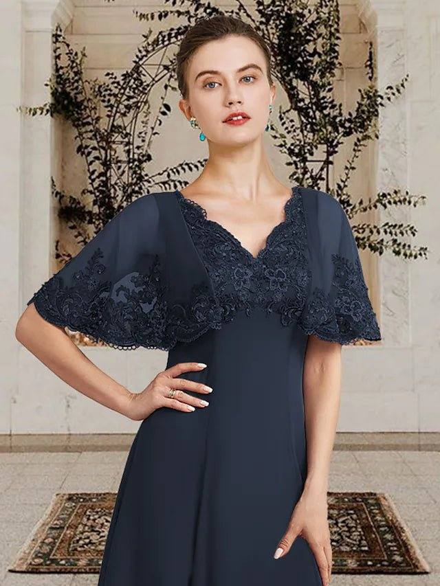 A-Line Mother of the Bride Dress Plus Size Elegant V Neck Asymmetrical Tea Length Chiffon Lace Sleeveless with Appliques - RongMoon