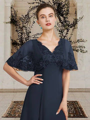 A-Line Mother of the Bride Dress Plus Size Elegant V Neck Asymmetrical Tea Length Chiffon Lace Sleeveless with Appliques - RongMoon
