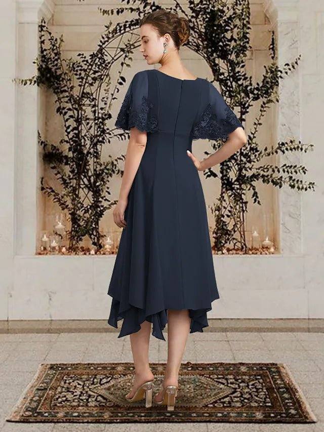 A-Line Mother of the Bride Dress Plus Size Elegant V Neck Asymmetrical Tea Length Chiffon Lace Sleeveless with Appliques - RongMoon