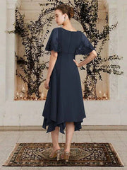 A-Line Mother of the Bride Dress Plus Size Elegant V Neck Asymmetrical Tea Length Chiffon Lace Sleeveless with Appliques - RongMoon