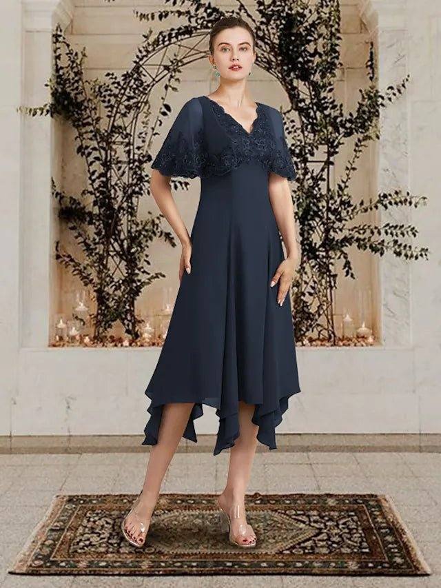 A-Line Mother of the Bride Dress Plus Size Elegant V Neck Asymmetrical Tea Length Chiffon Lace Sleeveless with Appliques - RongMoon