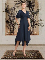 A-Line Mother of the Bride Dress Plus Size Elegant V Neck Asymmetrical Tea Length Chiffon Lace Sleeveless with Appliques - RongMoon