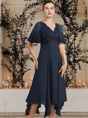 A-Line Mother of the Bride Dress Plus Size Elegant V Neck Asymmetrical Tea Length Chiffon Lace Sleeveless with Appliques - RongMoon