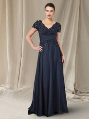 A-Line Mother of the Bride Dress Plus Size Elegant V Neck Floor Length Chiffon Lace Short Sleeve with Ruched Sequin - RongMoon