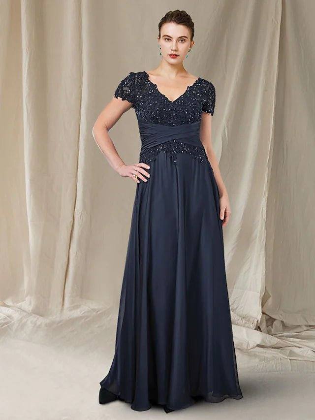 A-Line Mother of the Bride Dress Plus Size Elegant V Neck Floor Length Chiffon Lace Short Sleeve with Ruched Sequin - RongMoon