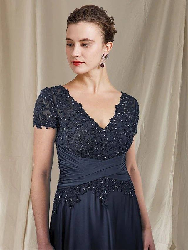A-Line Mother of the Bride Dress Plus Size Elegant V Neck Floor Length Chiffon Lace Short Sleeve with Ruched Sequin - RongMoon