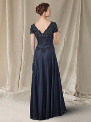 A-Line Mother of the Bride Dress Plus Size Elegant V Neck Floor Length Chiffon Lace Short Sleeve with Ruched Sequin - RongMoon