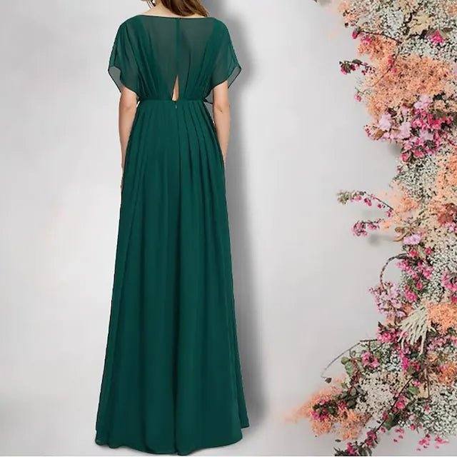 A-Line Mother of the Bride Dress Plus Size Elegant V Neck Floor Length Chiffon Short Sleeve with Pleats Beading Split Front - RongMoon