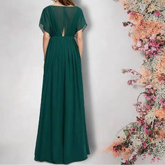 A-Line Mother of the Bride Dress Plus Size Elegant V Neck Floor Length Chiffon Short Sleeve with Pleats Beading Split Front - RongMoon