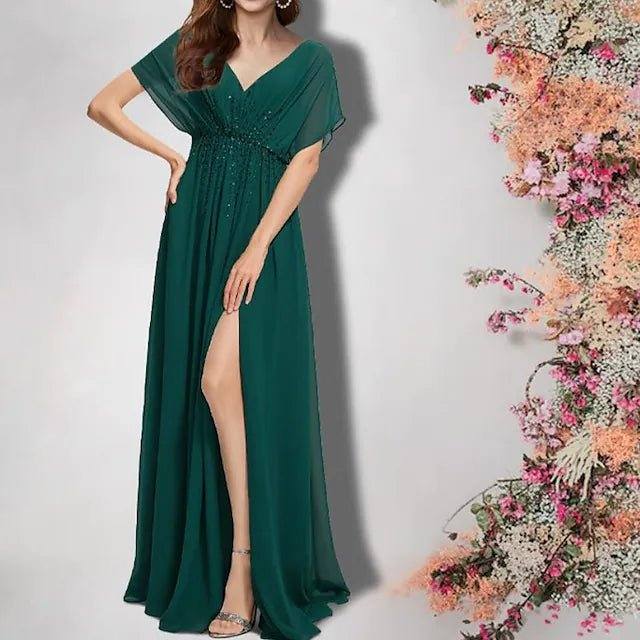 A-Line Mother of the Bride Dress Plus Size Elegant V Neck Floor Length Chiffon Short Sleeve with Pleats Beading Split Front - RongMoon