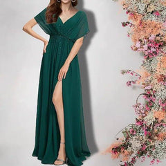 A-Line Mother of the Bride Dress Plus Size Elegant V Neck Floor Length Chiffon Short Sleeve with Pleats Beading Split Front - RongMoon
