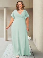 A-Line Mother of the Bride Dress Plus Size Elegant V Neck Floor Length Chiffon Short Sleeve with Sash / Ribbon Ruching - RongMoon