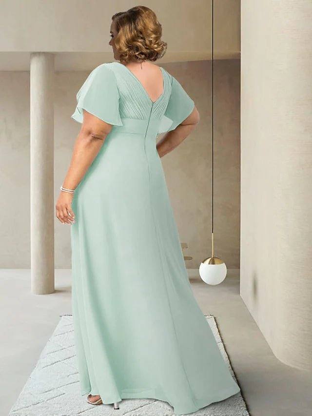 A-Line Mother of the Bride Dress Plus Size Elegant V Neck Floor Length Chiffon Short Sleeve with Sash / Ribbon Ruching - RongMoon