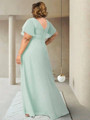 A-Line Mother of the Bride Dress Plus Size Elegant V Neck Floor Length Chiffon Short Sleeve with Sash / Ribbon Ruching - RongMoon