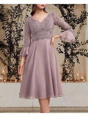 A-Line Mother of the Bride Dress Plus Size Elegant V Neck Knee Length Chiffon Lace 3/4 Length Sleeve with Beading Appliques - RongMoon