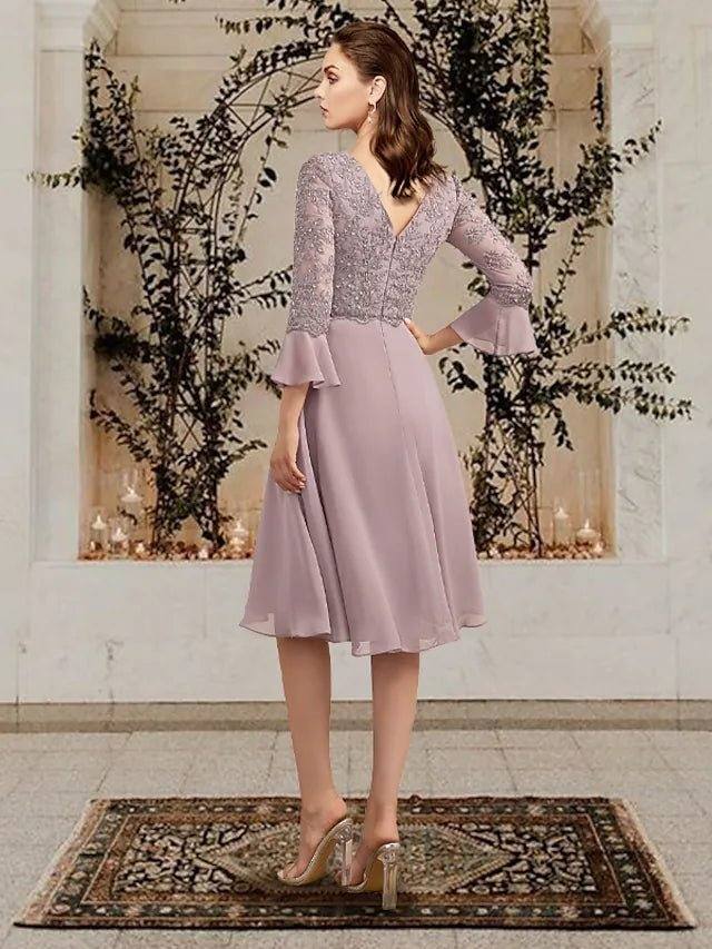 A-Line Mother of the Bride Dress Plus Size Elegant V Neck Knee Length Chiffon Lace 3/4 Length Sleeve with Beading Appliques - RongMoon